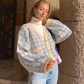 Pretty Baby Blue V Neck Button Up Two Tone Houndstooth Knit Cardigan